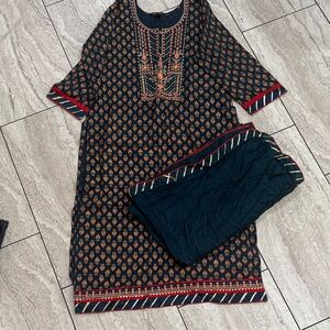 Embroidered Black and Red Kurta Set